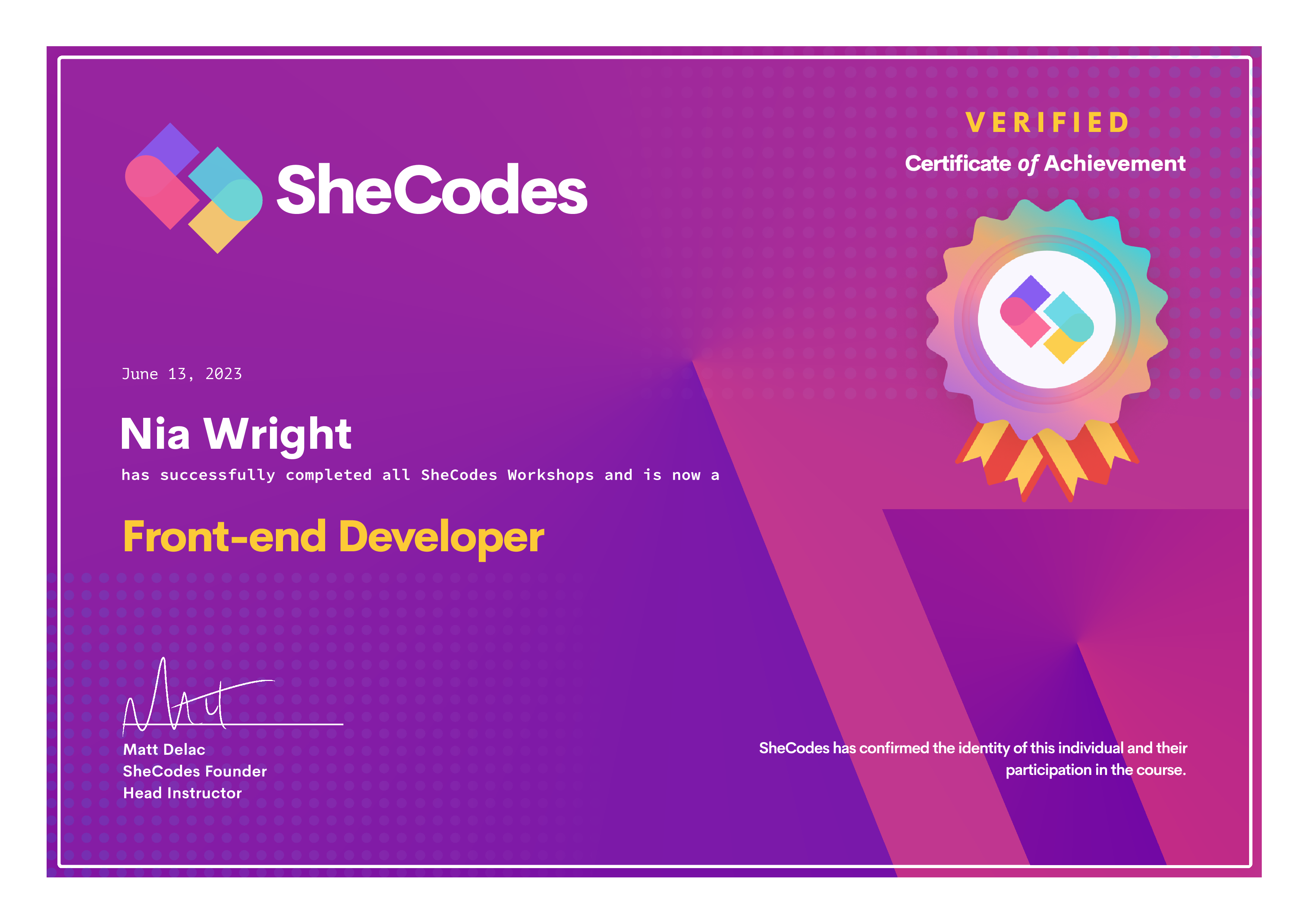 Front-End Developer Certificate for Nia Wright