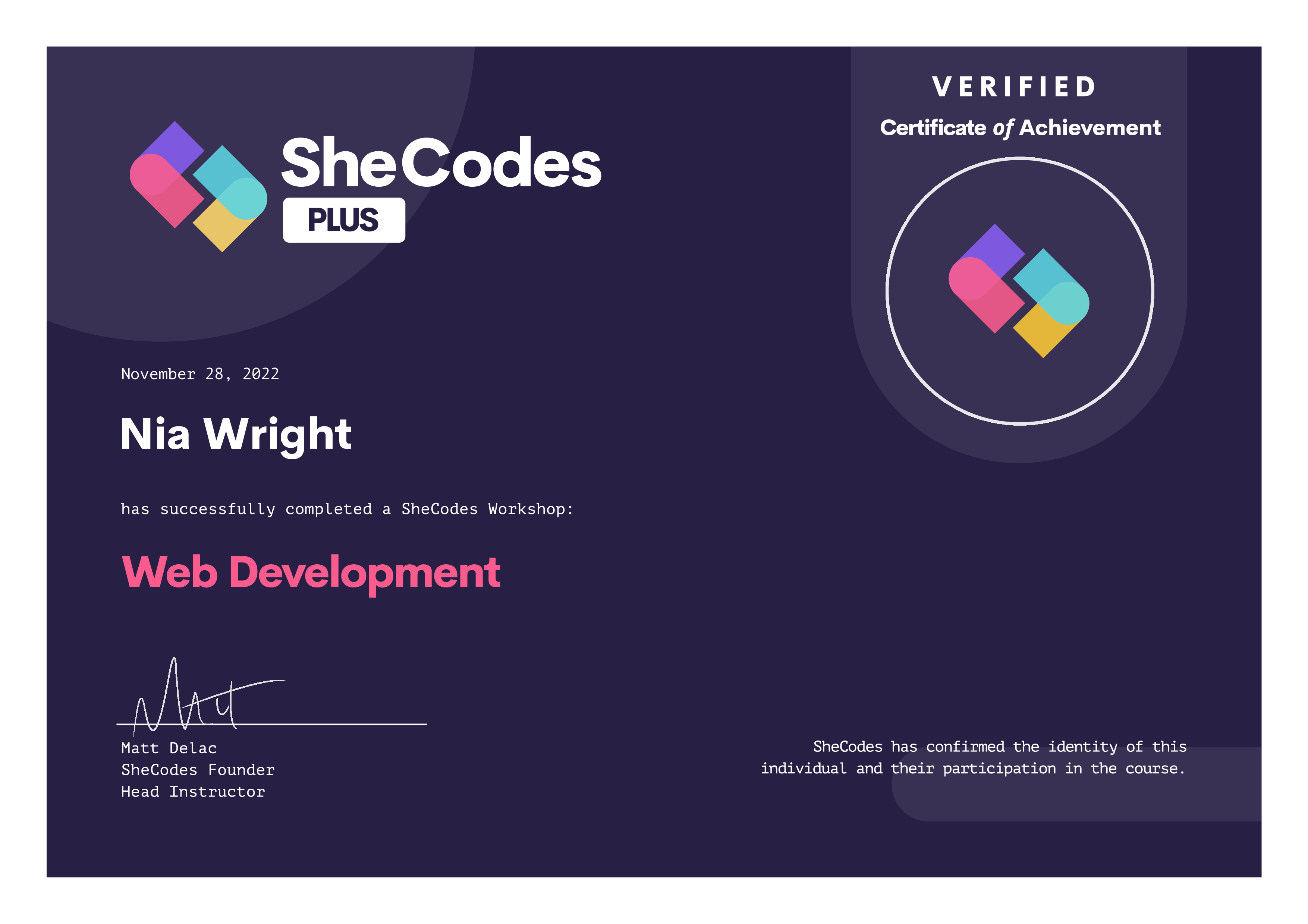 SheCodes Plus Certificate for Nia Wright