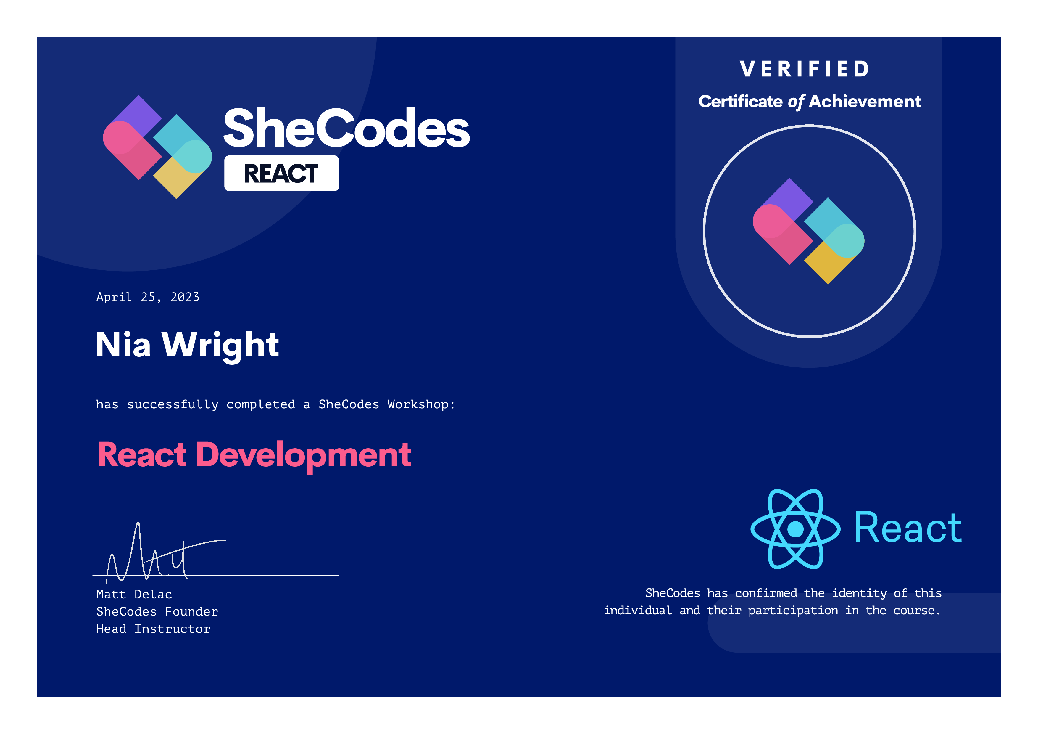 SheCodes React Certificate for Nia Wright