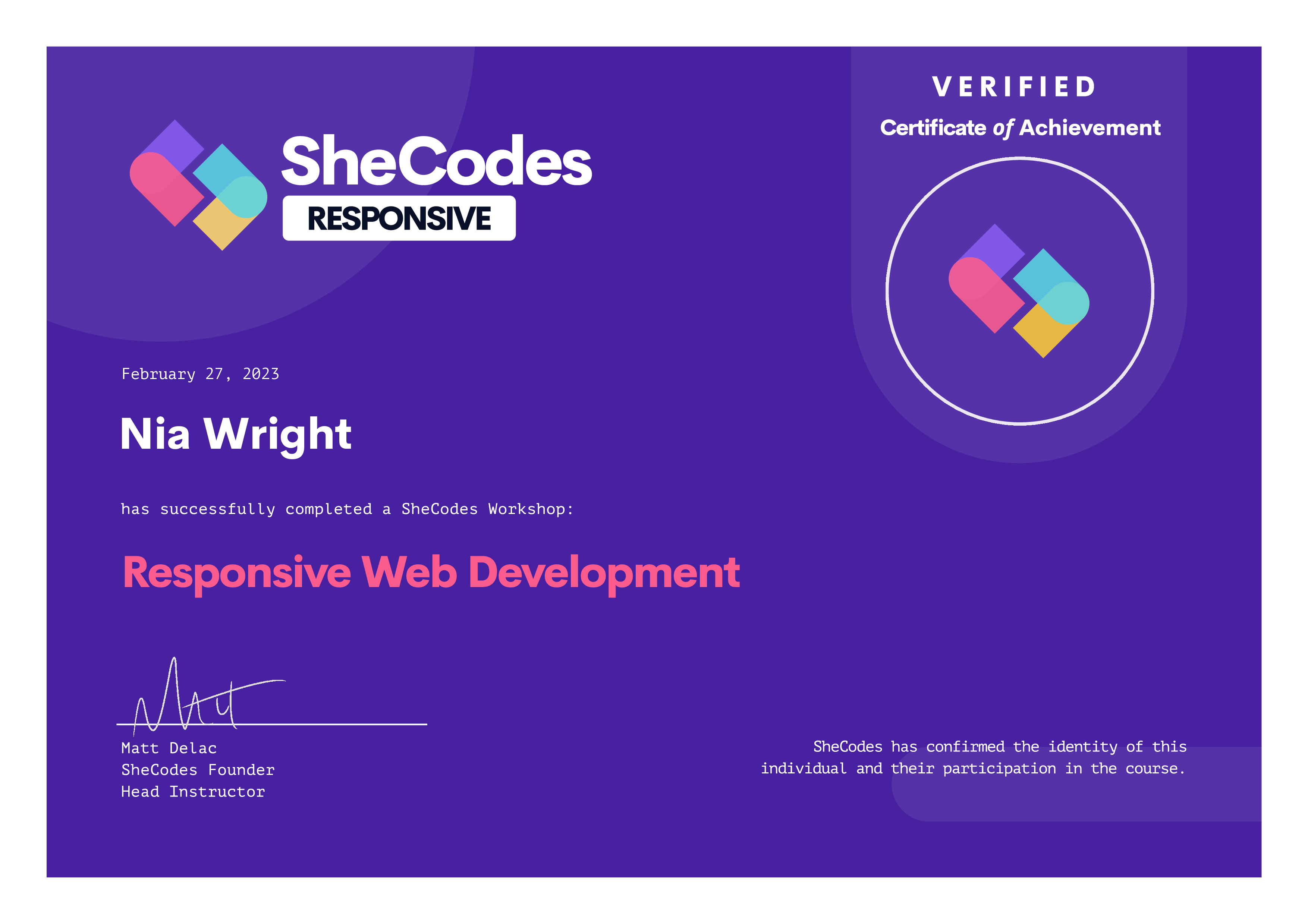 SheCodes Responsive Certificate for Nia Wright